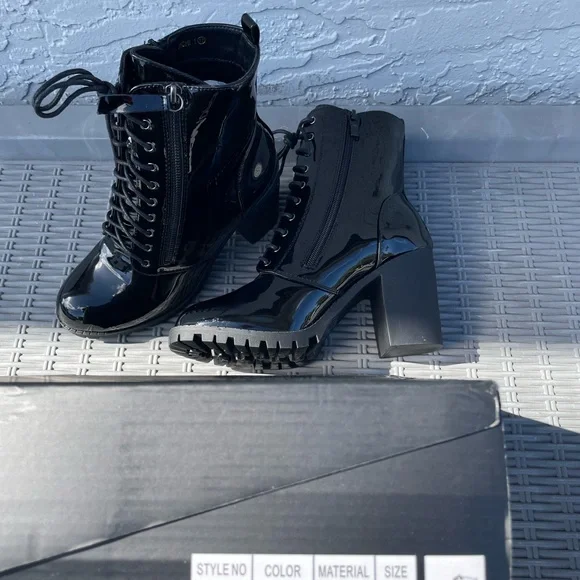 Patent Black Heeled Combat Boots - Picture 4 of 4